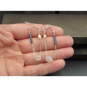 Sterling Silver Rose Quartz Hematite And Pearl Unique Earrings Vintage Wedding